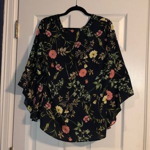 Navy Blue Floral Bell Sleeve Blouse